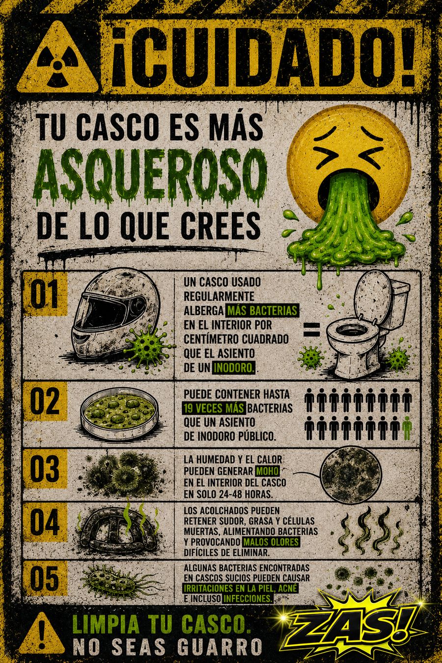Cartel ¡Cuidado! Tu casco es más asqueroso de lo que crees: bacterias, moho, sudor y malos olores en el interior del casco