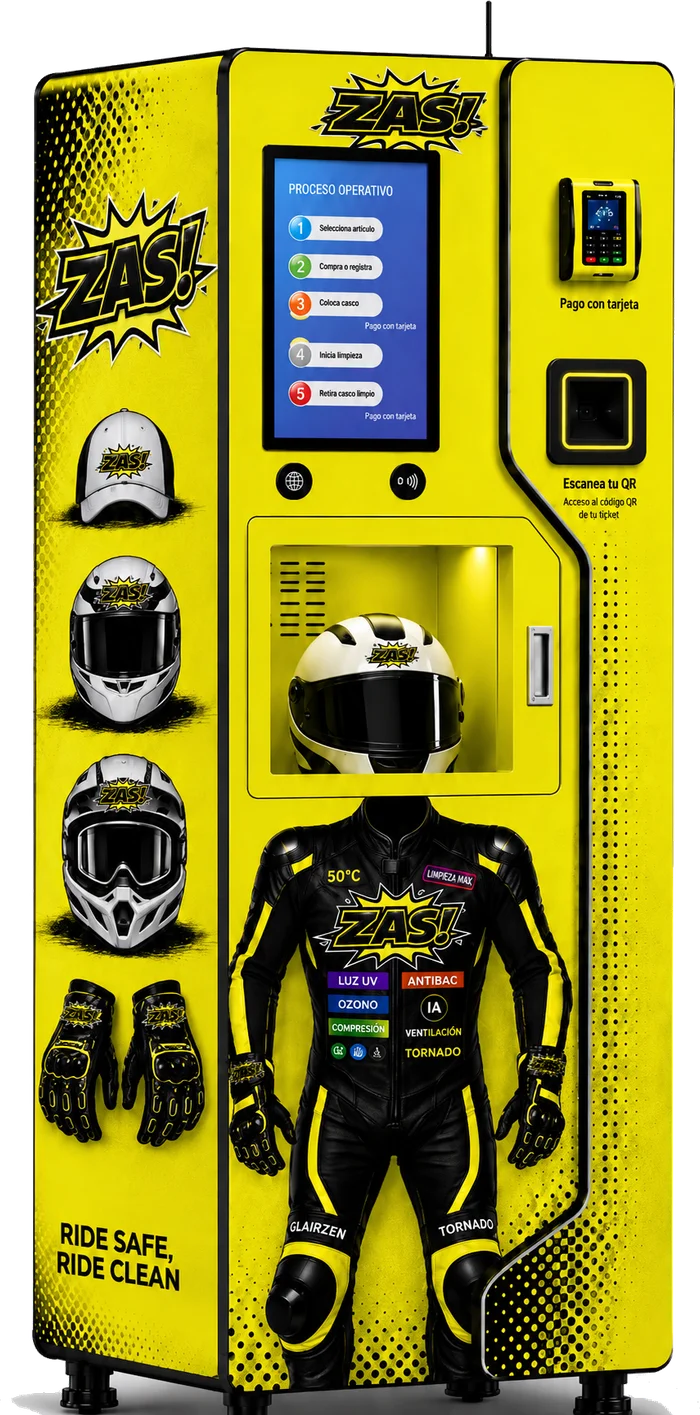Máquina ZAS! Helmet en amarillo neón con pantalla táctil, pago con tarjeta y compartimento para el casco